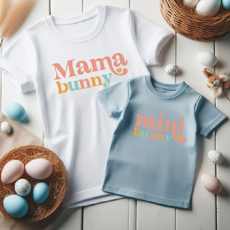 Mama Bunny/Mini Bunny Matching T-Shirts- White/Blue Cozy Warm Stylish