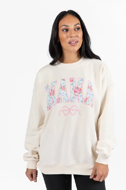 Mama Floral Bow Cream Oversized Graphic Sweatshirt Mesh Canvas Denim