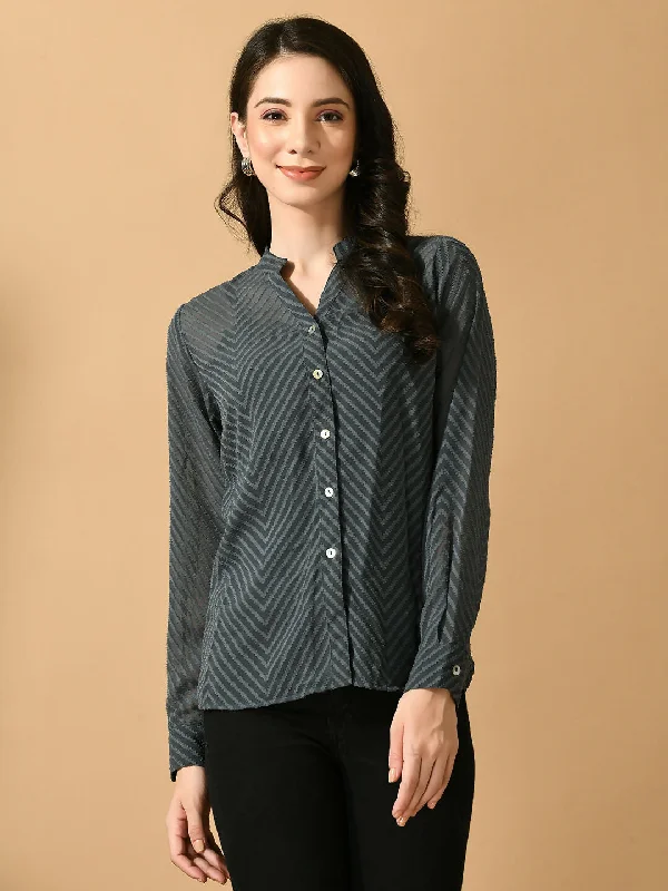 Myshka Women's Grey Georgette Solid Sheer Shirt Zippered Front Buttoned Front Snap Front Myshka Women's Grey Georgette Solid Sheer Shirt Zippered Front Buttoned Front Snap Front