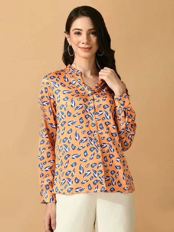 Myshka Women's Multi Satin Printed Smart Shirt Beaded Sequined Faux Fur