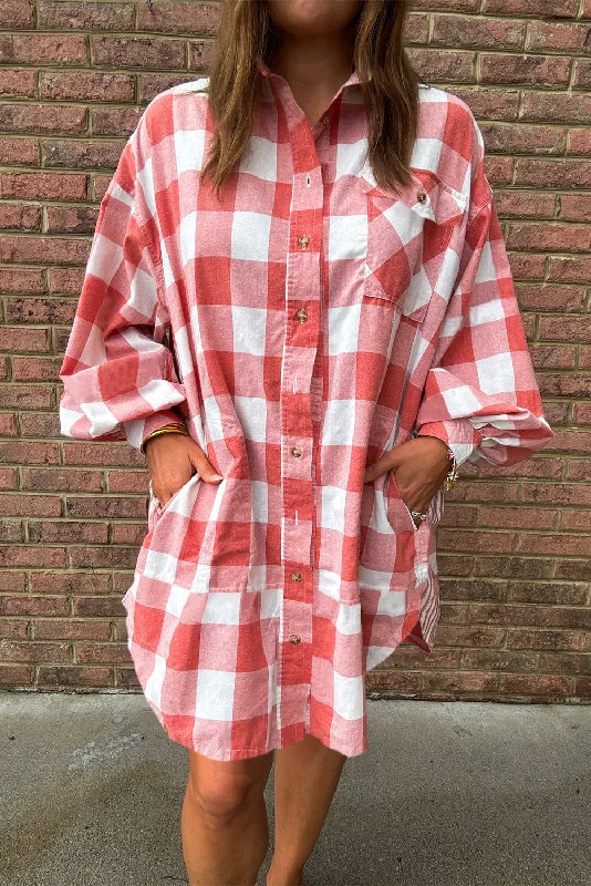 Blue Zone Planet | Pink Oversized Plaid Puff Sleeve Round Hem Shirt Dress Chenille Fabric Brocade Fabric Lace Fabric Blue Zone Planet | Pink Oversized Plaid Puff Sleeve Round Hem Shirt Dress Chenille Fabric Brocade Fabric Lace Fabric