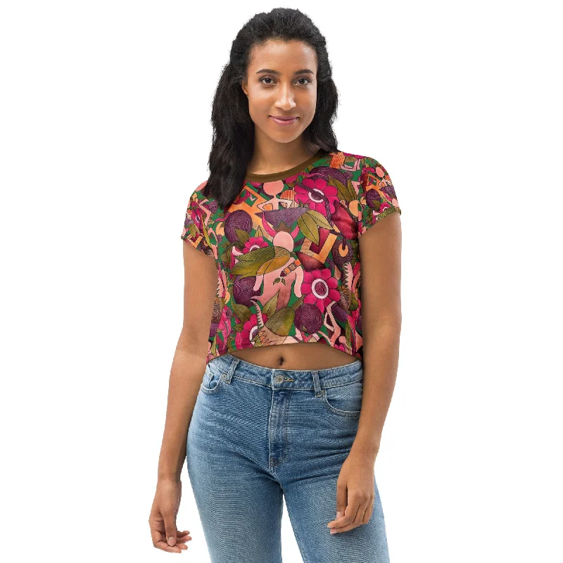 Premium Knit Cropped Tee Short Sleeve LOTUS Oversized T-Shirt Spandex breathable