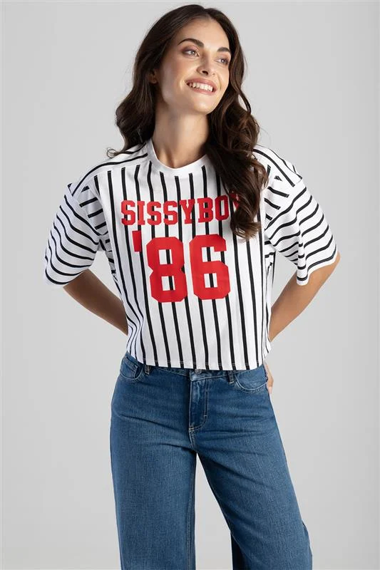 Sissyboy T31532 Stripe Boxy Oversized Print Logo T-Shirt Black/White Basic T-Shirt Crew Neck Short Sleeve Sissyboy T31532 Stripe Boxy Oversized Print Logo T-Shirt Black/White Basic T-Shirt Crew Neck Short Sleeve