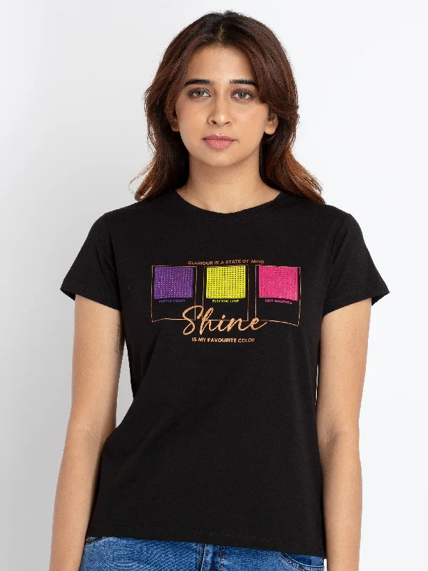 Womens Printed Round Neck T-shirt Boxy Fit Fitted Loose