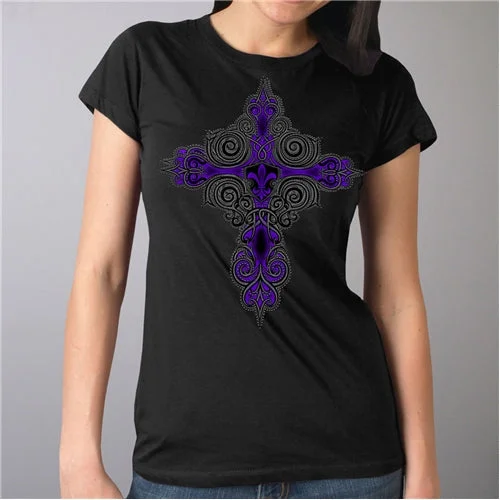 Studded Fleur De Lis Cross Ladies T-Shirt Striped Floral Plaid