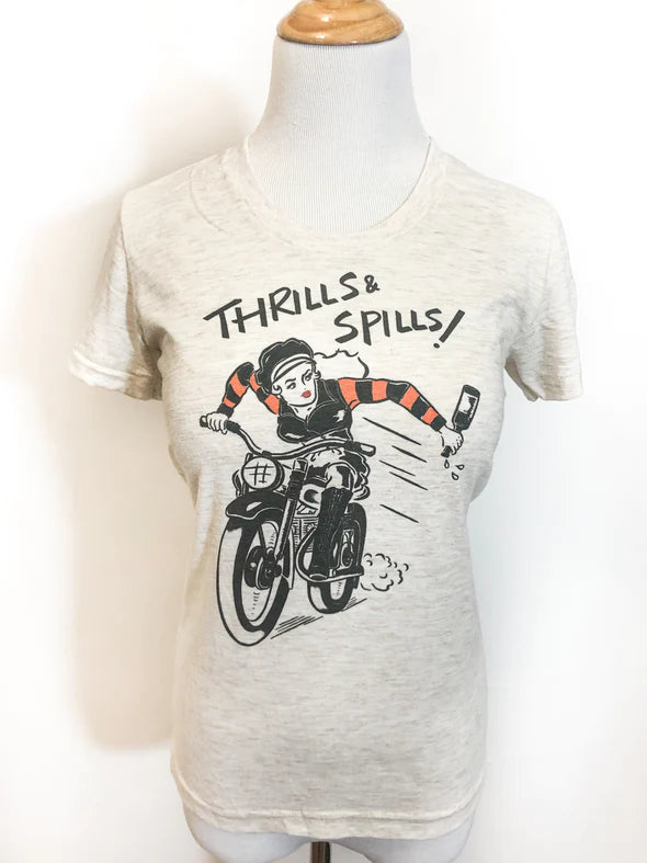 Thrills & Spills Ivory Ladies Tee Zippered Front Buttoned Front Snap Front