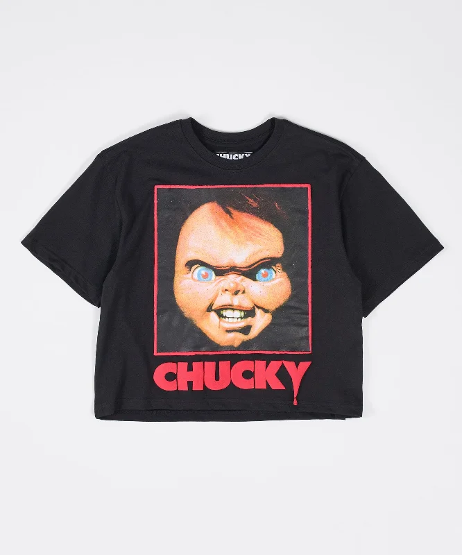 Women Cropped Chucky Short Sleeve Tee - Black Polka Dot Checkered Tartan