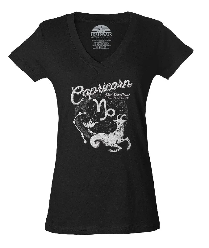 Women's Vintage Capricorn Vneck T-Shirt Elegant Classic Vintage