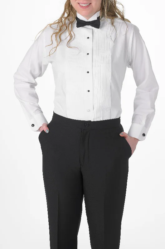 Women's White, Wing Tip Collar, Long Sleeve Tuxedo Shirt with ¼″ Pleats Real Fur Shearling Chenille