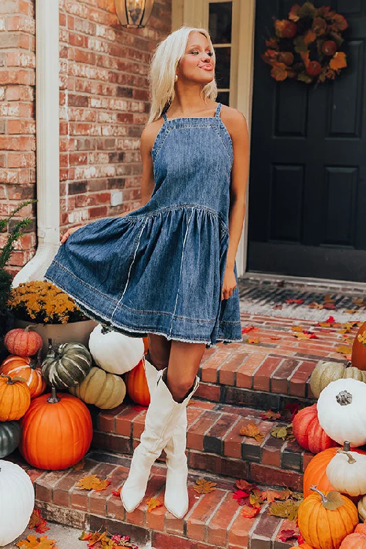 Always In Style Denim Mini Dress Fashionable Off-Shoulder Mini Dress