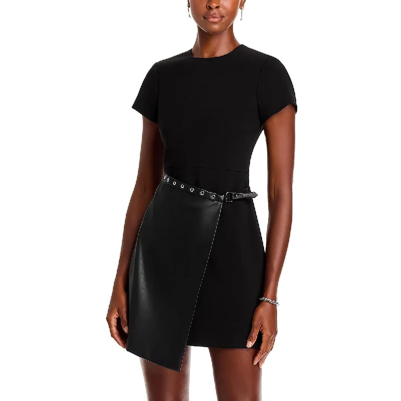 Womens Above Knee Mixed Media Mini Dress Fashionable Mini Dress with Pockets