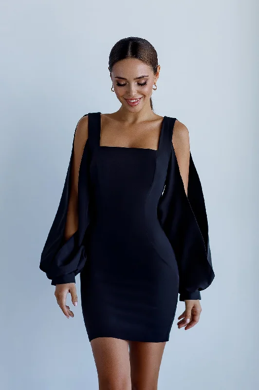 Black Square Neck Сut-Out Sleeve Mini Dress Trendy Crossover Mini Dress