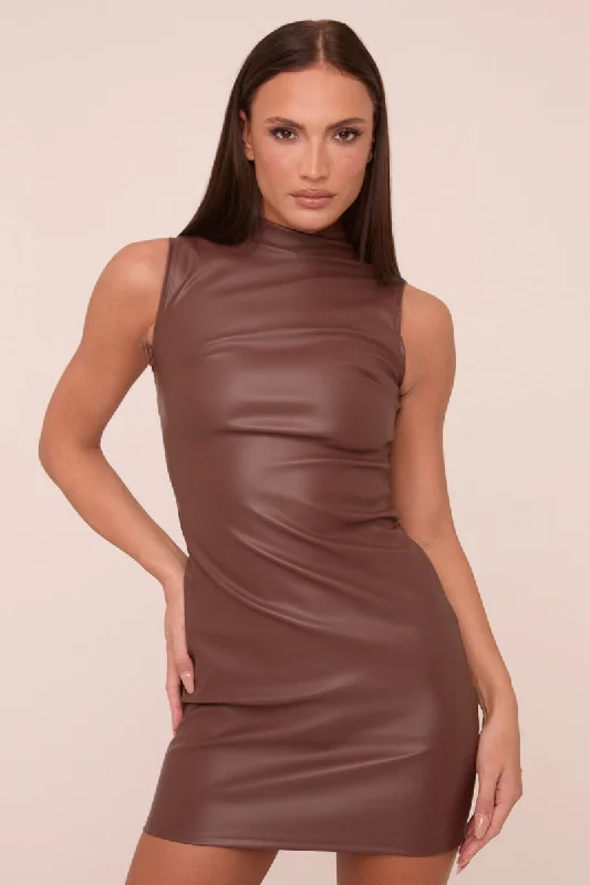 Brown Faux Leather High Neck Sleeveless Mini Dress - Hazel Classic Floral Mini Dress Brown Faux Leather High Neck Sleeveless Mini Dress - Hazel Classic Floral Mini Dress