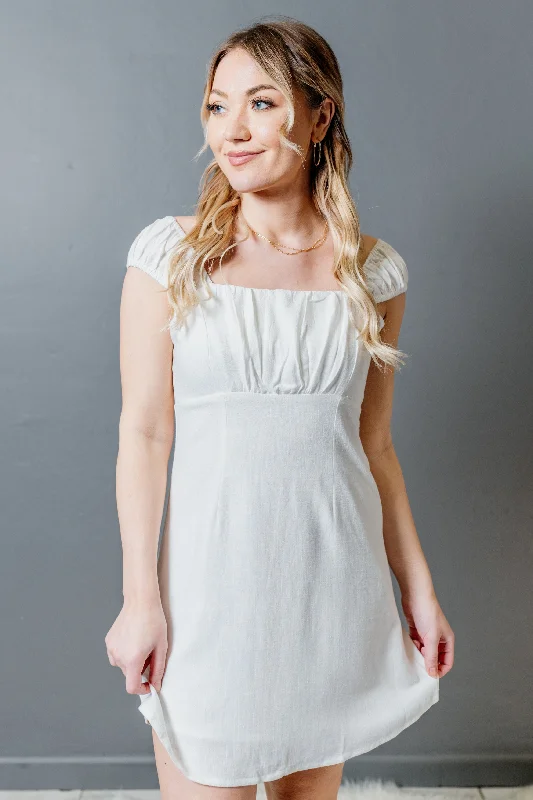 Cap Sleeve Linen East Hampton Mini Dress Comfortable Off-Shoulder Mini Dress