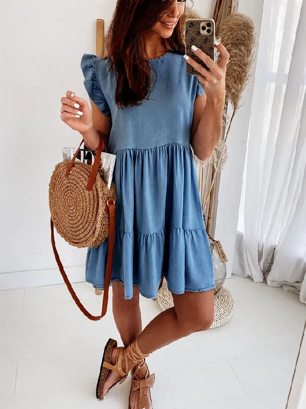 Casual Ruffle Sleeve Round Neck Mini Dress Comfortable Shift Mini Dress