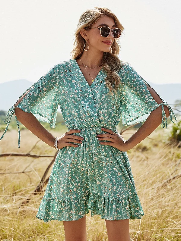 Casual V Neck Tie Short Sleeve Mini Dress Fashionable Lace Mini Dress