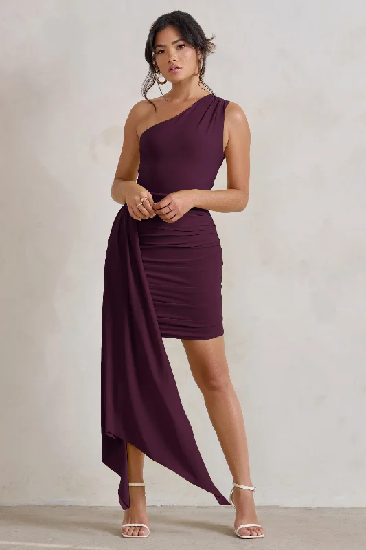 Charlie | Plum One Shoulder Ruched Mini Dress With Statement Drape Elegant Lace-Up Mini Dress Charlie | Plum One Shoulder Ruched Mini Dress With Statement Drape Elegant Lace-Up Mini Dress