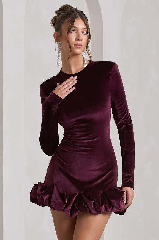 Claudine | Port Velvet Long-Sleeved Ruffled Mini Dress Cozy T-Shirt Mini Dress