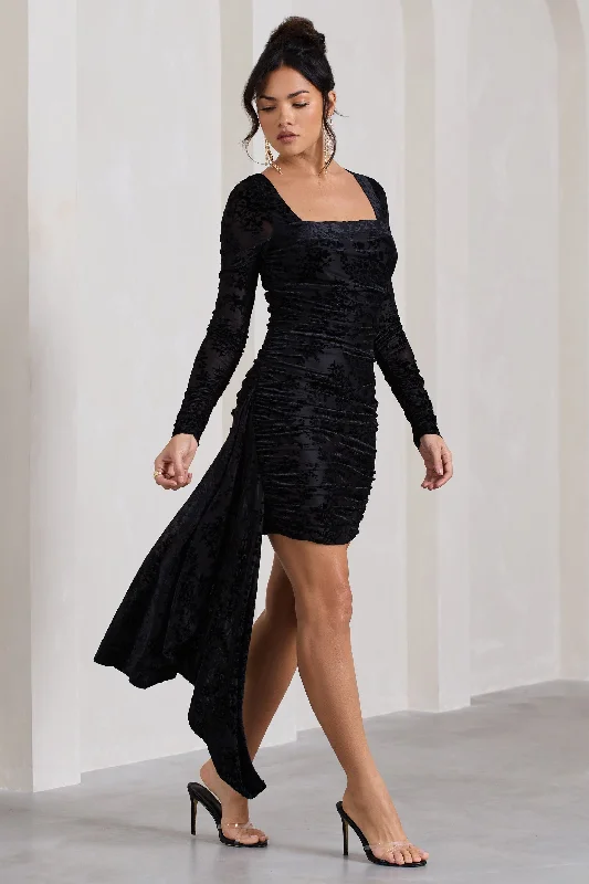 Crimson Cut | Black Velvet Floral Long-Sleeved Ruffled Bodycon Mini Dress Trendy Button-Detail Mini Dress Crimson Cut | Black Velvet Floral Long-Sleeved Ruffled Bodycon Mini Dress Trendy Button-Detail Mini Dress