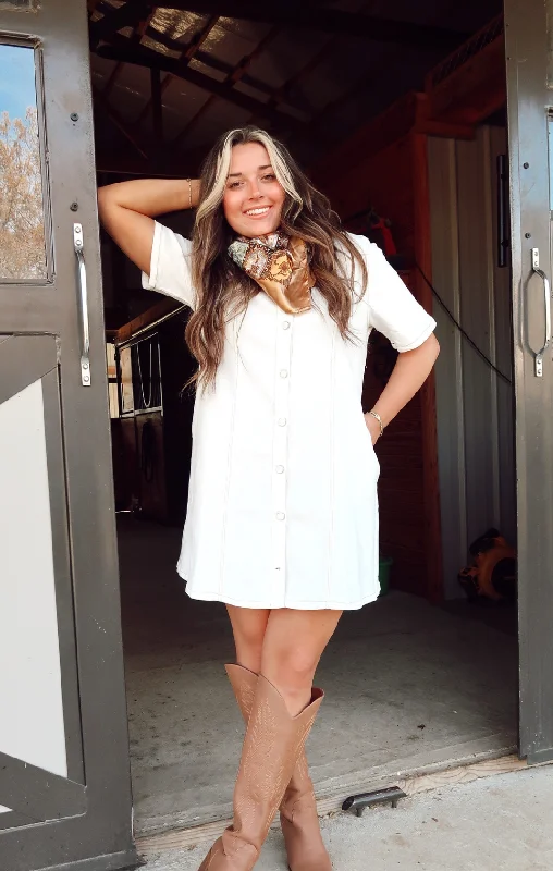 Denim Collared Mini Dress Comfortable Ruffle Mini Dress
