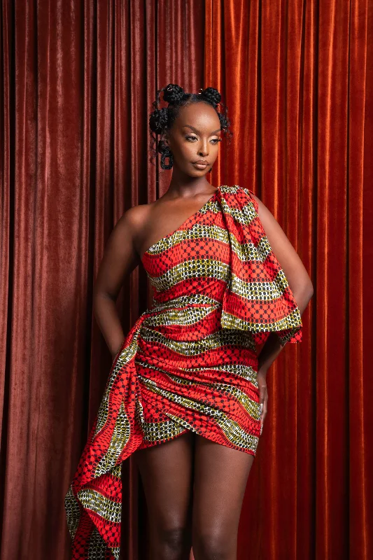 DIDI African Print One Sleeve Drape Mini Dress Cozy Wraparound Mini Dress