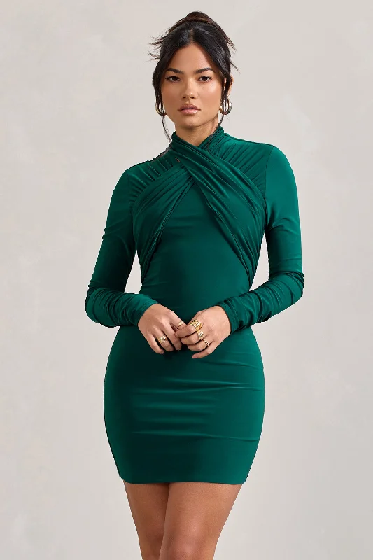 Eve | Bottle Green Crossed-Neck Long-Sleeved Bodycon Mini Dress Trendy Tulle Mini Dress Eve | Bottle Green Crossed-Neck Long-Sleeved Bodycon Mini Dress Trendy Tulle Mini Dress