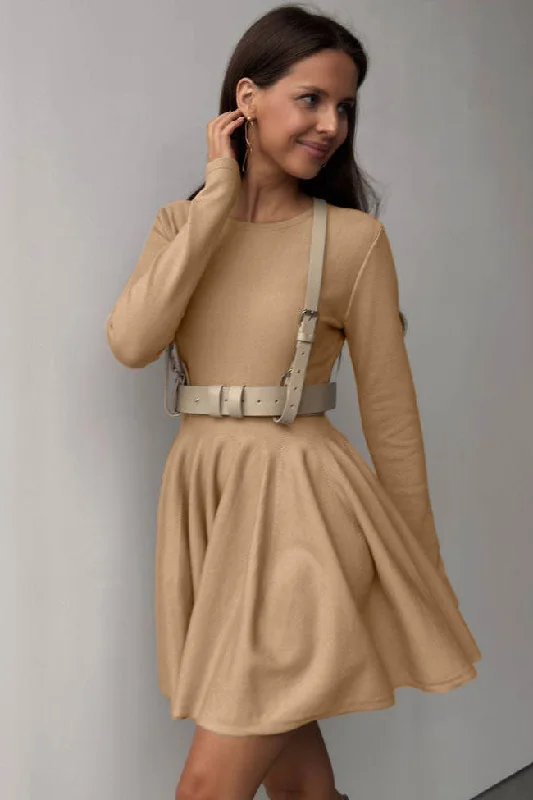 Flowy French Style Crew Neck Long Sleeve Fit and Flare Sweater Mini Dress - Khaki Trendy Mesh Mini Dress Flowy French Style Crew Neck Long Sleeve Fit and Flare Sweater Mini Dress - Khaki Trendy Mesh Mini Dress