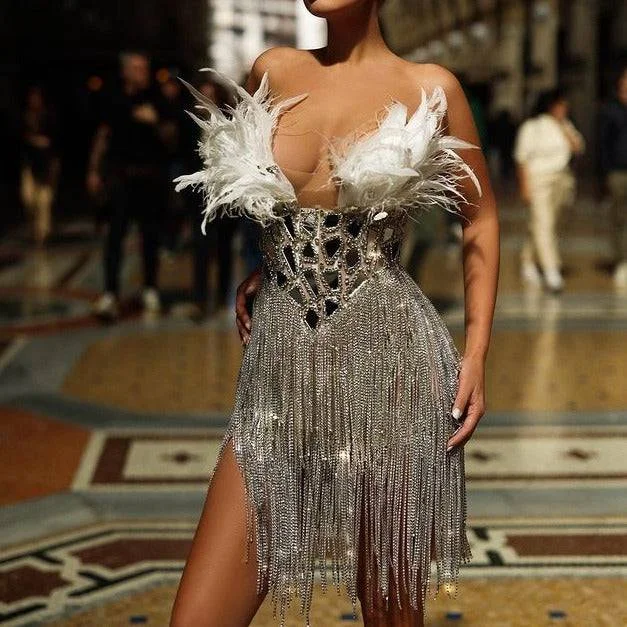 Gweneth Feather Sleeveless Rhinestone Tassel Mini Dress Chic Tropical Mini Dress