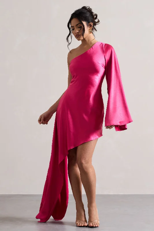 Hanna | Hot Pink One Shoulder Asymmetric Draped Satin Mini Dress Fashionable Boho-Chic Mini Dress Hanna | Hot Pink One Shoulder Asymmetric Draped Satin Mini Dress Fashionable Boho-Chic Mini Dress