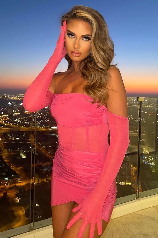 Hot Pink Mesh Gloves Corset Mini Dress - Juliette Casual High-Waist Mini Dress