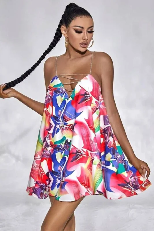 Ibiza Multicolour Floral Print Diamante Chain Floaty Mini Dress Classic Shift Mini Dress Ibiza Multicolour Floral Print Diamante Chain Floaty Mini Dress Classic Shift Mini Dress