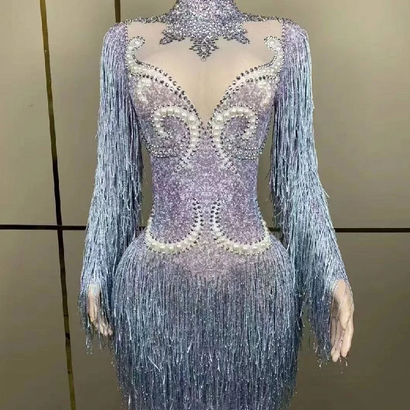 Lanie Long Sleeve Crystal Fringe Mini Dress Trendy Mini Dress with Belt