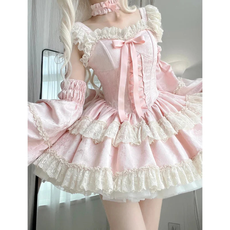 LIZAKOSHT  -  Japan Sweet Lolita Jsk Dress Women Elegant Ruffles Lace Bandage Princess Strap Dresses Girls Y2k Kawaii Tea Party Mini Dress Comfortable Fit-and-Flare Mini Dress