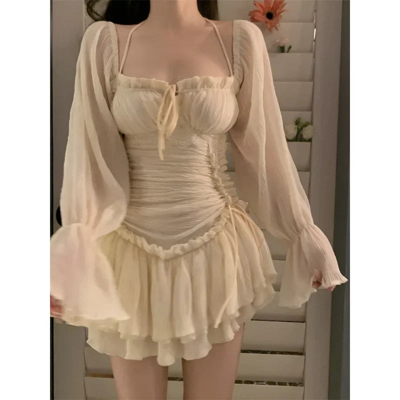 LIZAKOSHT - Korean Lace-up Pleated Solid Color Casual Long-sleeved Dress Women 2024 Spring New Off-the-shoulder Sexy Slim Elegant Mini Dress Comfortable Ruffle Mini Dress LIZAKOSHT - Korean Lace-up Pleated Solid Color Casual Long-sleeved Dress Women 2024 Spring New Off-the-shoulder Sexy Slim Elegant Mini Dress Comfortable Ruffle Mini Dress