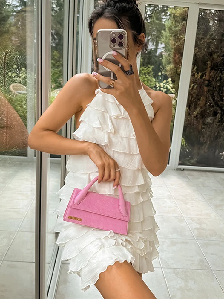 LIZAKOSHT  -  Layered Decorative Womens Halter Mini Dresses Chic Ruffled Sleeveless Backless Female Cake Skirt Summer Beach Party Short Dress Elegant Mini Dress with Ruffles