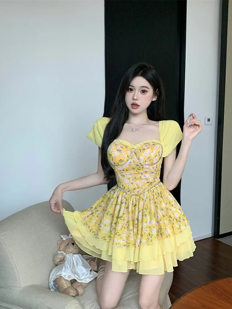 LIZAKOSHT - Sexy Dresses Women Floral Printed Patchwork Chain Ruffles Layered Square Collar Elegant Mini Dress Slim Fashion Female Trendy Cut-Out Mini Dress LIZAKOSHT - Sexy Dresses Women Floral Printed Patchwork Chain Ruffles Layered Square Collar Elegant Mini Dress Slim Fashion Female Trendy Cut-Out Mini Dress
