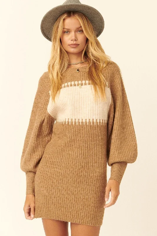 Long Bishop Sleeves Ribbed Knit Sweater Mini Dress in Camel Fashionable Boho-Chic Mini Dress Long Bishop Sleeves Ribbed Knit Sweater Mini Dress in Camel Fashionable Boho-Chic Mini Dress
