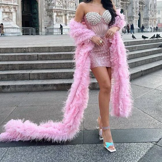 Mercina Strapless Crystal Sequins Corset Mini Dress with Feather Shawl Comfortable Linen Mini Dress Mercina Strapless Crystal Sequins Corset Mini Dress with Feather Shawl Comfortable Linen Mini Dress