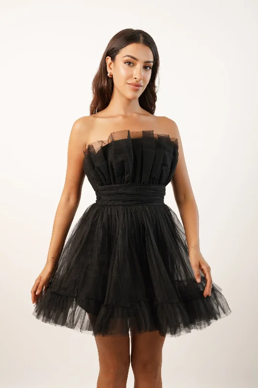 Nanita Tulle Mini Dress in Black Comfortable Smocked Mini Dress