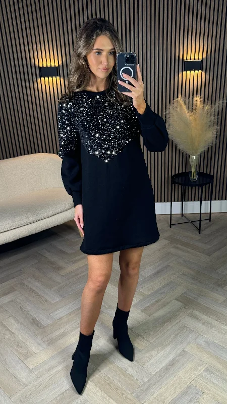 Narissa Black With Silver Sequin Jumper Mini Dress Casual Mini Dress with Pockets
