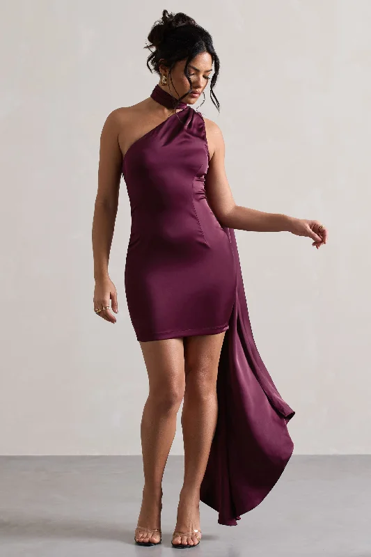 Natalie | Plum Satin One Shoulder Mini Dress With Scarf Detail Stylish Button-Down Mini Dress Natalie | Plum Satin One Shoulder Mini Dress With Scarf Detail Stylish Button-Down Mini Dress