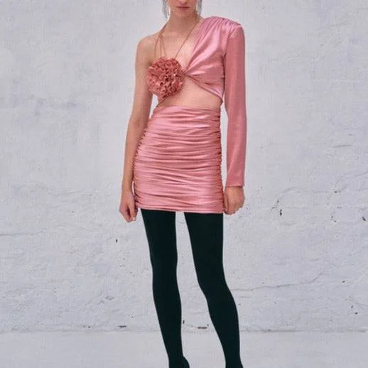 Natalie Ruched One Shoulder Satin Mini Dress Cozy Satin Mini Dress