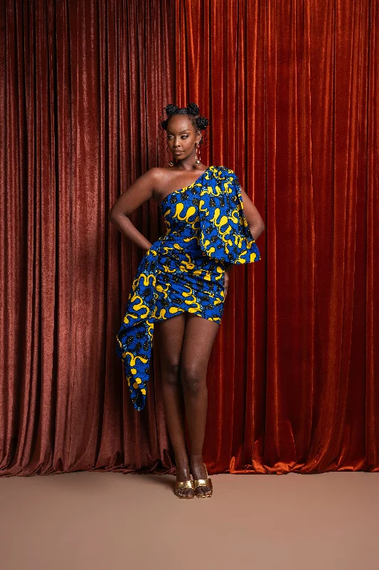OPE African Print One Sleeve Drape Mini Dress Cozy Satin Mini Dress