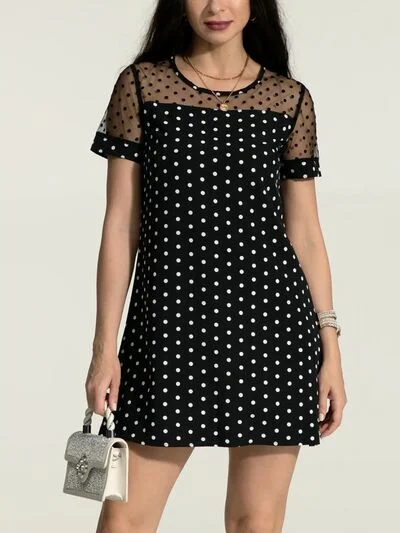 IZURIA Polka Dot Short Sleeve Mini Dress Fashionable Mini Dress with Slits