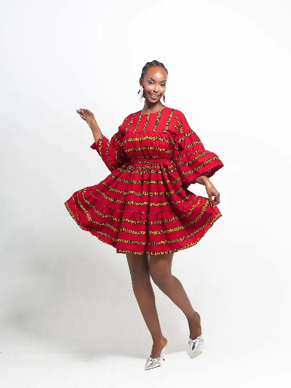 RUWE African Print Tiered Mini Dress Stylish Sweetheart Neck Mini Dress