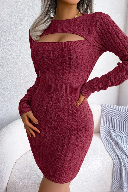 Sexy Cutout Fisherman Cable Knit Bodycon Sweater Mini Dress - Burgundy Casual Button-Up Mini Dress