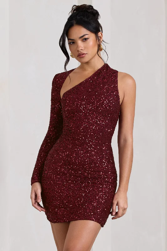 Siren | Burgundy Sequin One Shoulder Bodycon Mini Dress Fashionable Boho-Chic Mini Dress Siren | Burgundy Sequin One Shoulder Bodycon Mini Dress Fashionable Boho-Chic Mini Dress