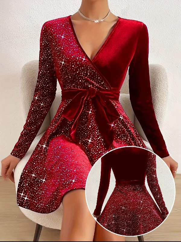 Stunning Solid Contrast Sequin Mini Dress - Elegant V Neck Long Sleeve Dresses for Women - Sparkling Evening Wear with Flattering Fit and Chic Design Elegant Velvet Mini Dress Stunning Solid Contrast Sequin Mini Dress - Elegant V Neck Long Sleeve Dresses for Women - Sparkling Evening Wear with Flattering Fit and Chic Design Elegant Velvet Mini Dress