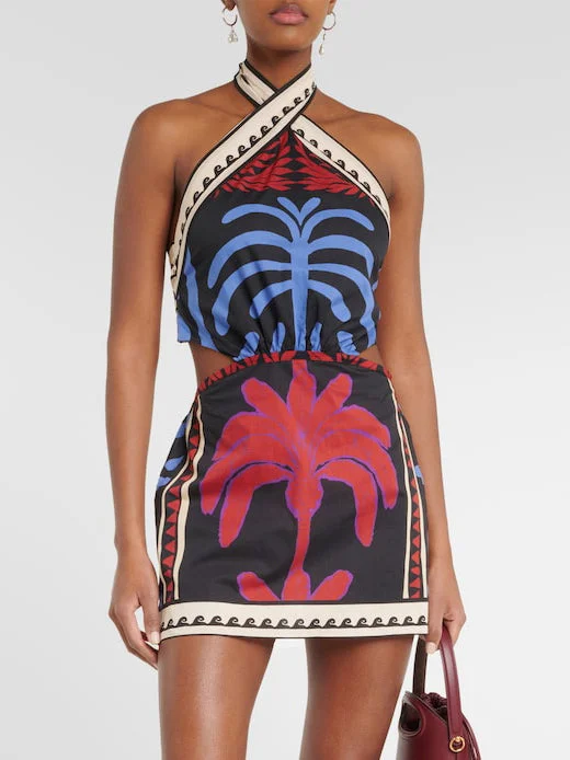Cosybreezee - Summer Print Halter Neck Mini Dress Casual High-Waist Mini Dress
