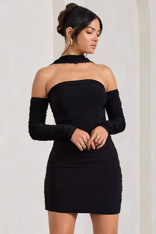 Thea | Black Ruched Long-Sleeved Bodycon Mini Dress With Halter Collar Comfortable Wrap Mini Dress